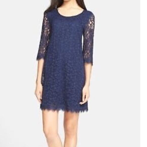 Diane Von Furstenberge Lace Dress Scoop Neck Eyelash Fringe Size 14 Stretch Navy - Picture 1 of 13